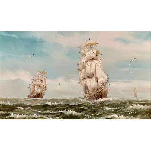 425 - Roberto Vaseo (Contemporary), large oil on canvas painting of two schooner ships on choppy waters. S... 