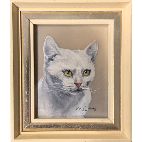 424 - Kay Gray (British), miniature oil on board cat portrait. Signed Kay Gray to lower right. Framed. Han... 