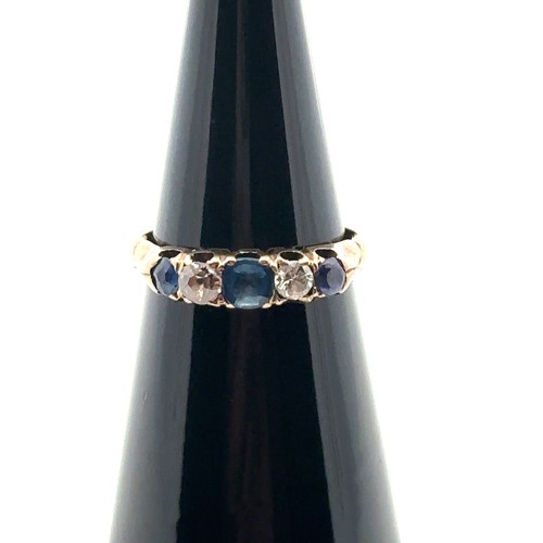 50 - A sapphire and diamond five stone ring, size J. Weight 2.05g. Shank thinning, diamonds mismatched.