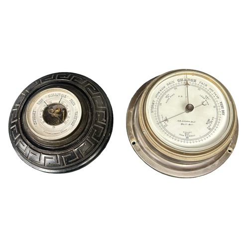 361 - 2x Small Barometers. 1x Carved wood round barometer with Stewart. Limerick & Ennis inscribed to fron... 