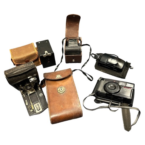 357 - A collection of 5 film cameras. Olympus Stylus Zoom, Pentax Zoom 70-X, Kodak O- Box brownie box came... 