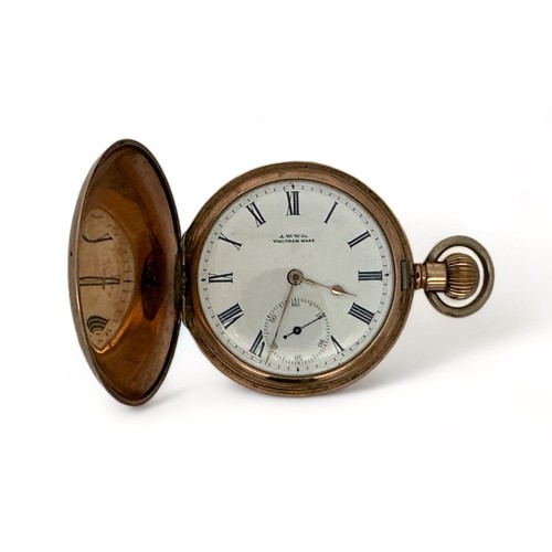 148 - A gold plated Waltham full hunter pocket watch. White enamel dial with Roman Numeral hour markers an... 