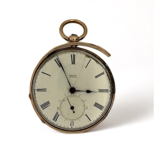 149 - An 18ct open face key wind pocket watch by Hunter London. Stamped 18k and 750 to interior of case. W... 