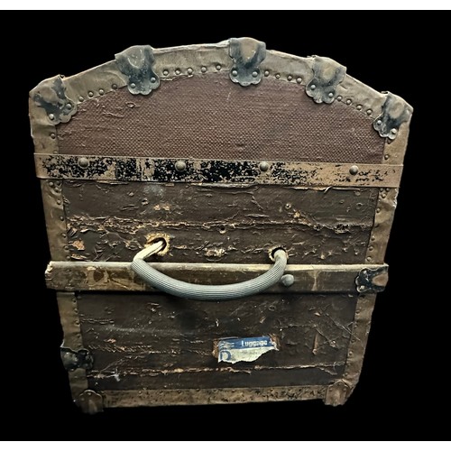 457 - Steamer Travel Trunk made from wood and canvas. Dome topped with wooden strapping, rope handle with ... 