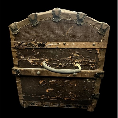 457 - Steamer Travel Trunk made from wood and canvas. Dome topped with wooden strapping, rope handle with ... 