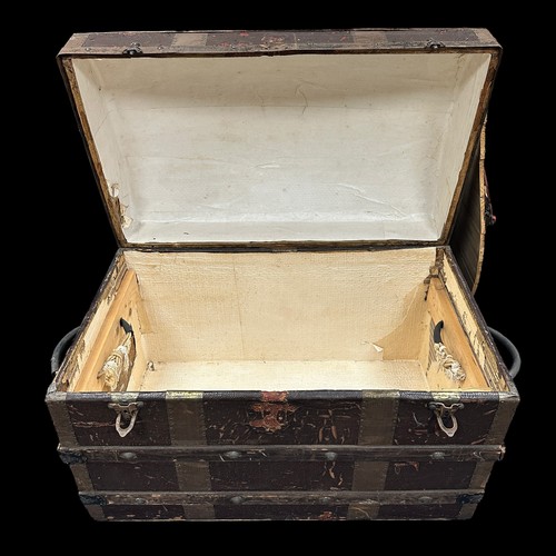 457 - Steamer Travel Trunk made from wood and canvas. Dome topped with wooden strapping, rope handle with ... 