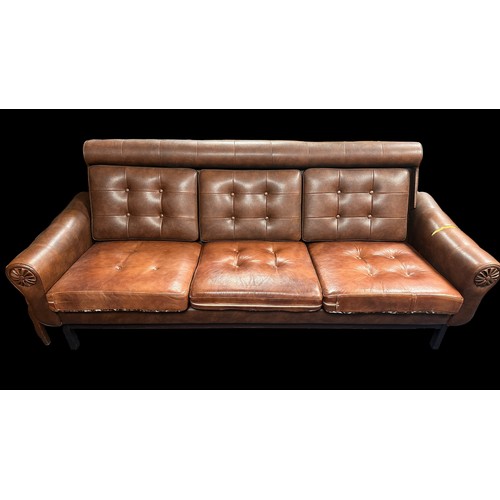 458 - Scandinavian mid-century brown leather-style sofa, wooden frame with four wooden legs. Reversible cu... 