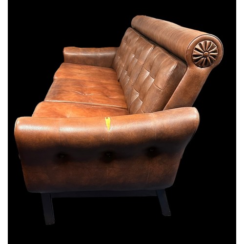 458 - Scandinavian mid-century brown leather-style sofa, wooden frame with four wooden legs. Reversible cu... 