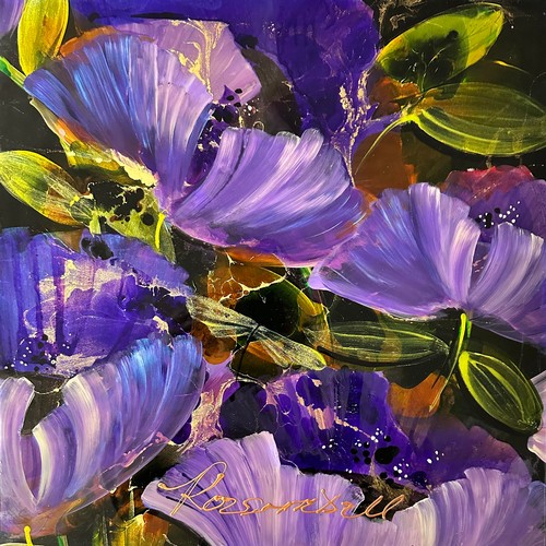 428 - Rozanne Bell (Zimbabwean, b. 1962), ' Purple Floral ' mixed media with acrylic and resin, signed to ... 