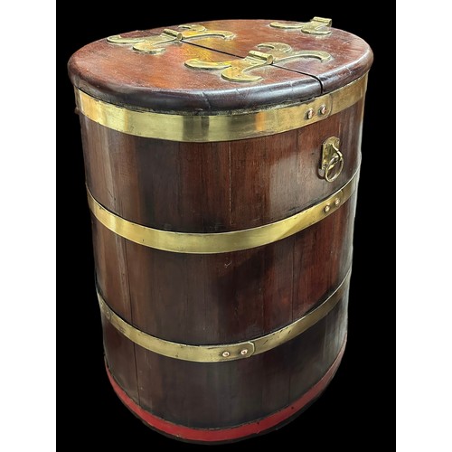 441 - 18th or 19th Century ships brine / storage barrel with brass bands and mounts. H80cm, 60x48cm.