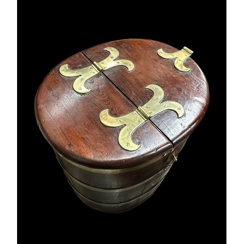 441 - 18th or 19th Century ships brine / storage barrel with brass bands and mounts. H80cm, 60x48cm.