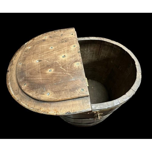 441 - 18th or 19th Century ships brine / storage barrel with brass bands and mounts. H80cm, 60x48cm.