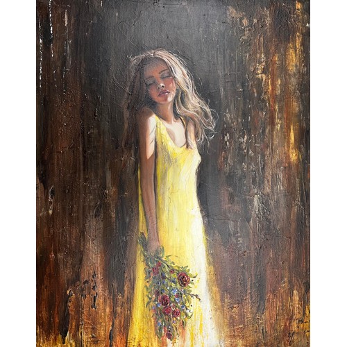 421 - Sarah Allford (British, Contemporary), oil on canvas of a female figure wearing a yellow dress. Sign... 