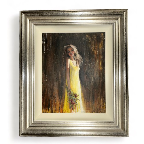 421 - Sarah Allford (British, Contemporary), oil on canvas of a female figure wearing a yellow dress. Sign... 