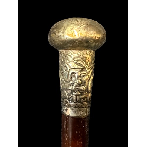 343 - Walking stick with white metal top with oriental design and Chinese inscription.