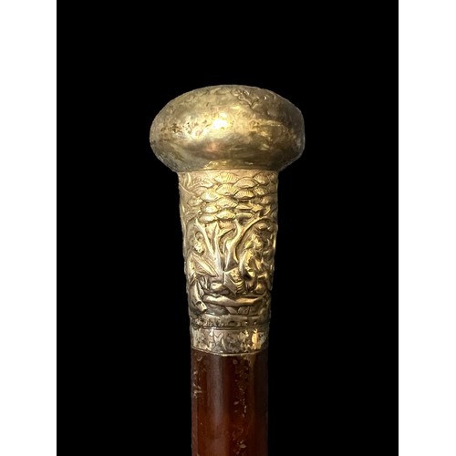 343 - Walking stick with white metal top with oriental design and Chinese inscription.