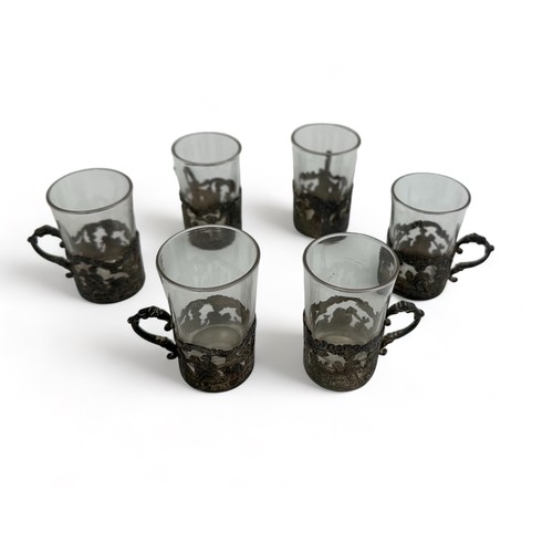 178 - Set of 6 English sterling silver shot (liquor) glass holders with glasses. Hallmarked Sheffield 1909... 