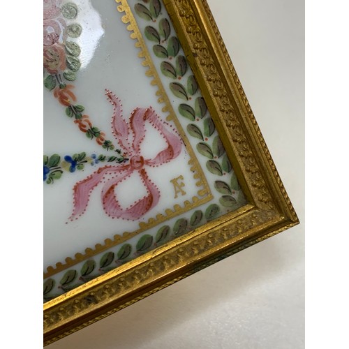 299 - French 20th Century hand painted porcelain faced standing picture frame, with hand painted floral su... 