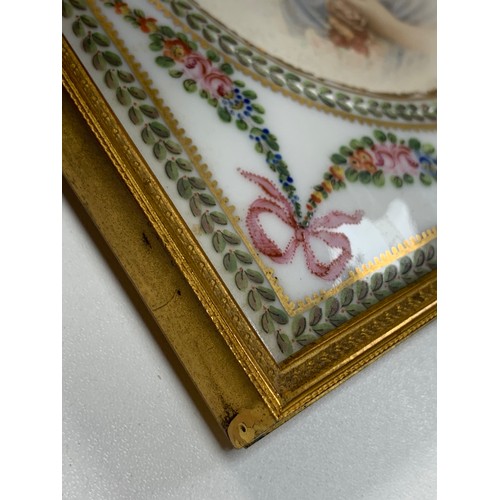 299 - French 20th Century hand painted porcelain faced standing picture frame, with hand painted floral su... 