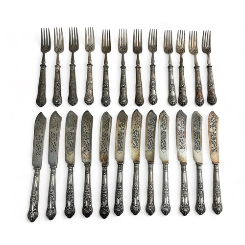 181A - 24 fish knives and forks. The twelve knives with hallmarked silver handles and silver plated blades ... 