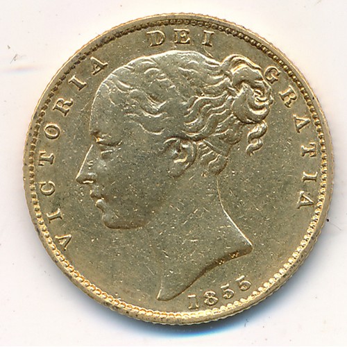 204 - Victoria 1855 Shield back full gold sovereign fine.