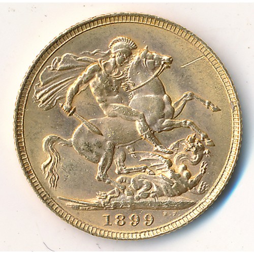 208 - Victoria 1899 full gold sovereign fine.