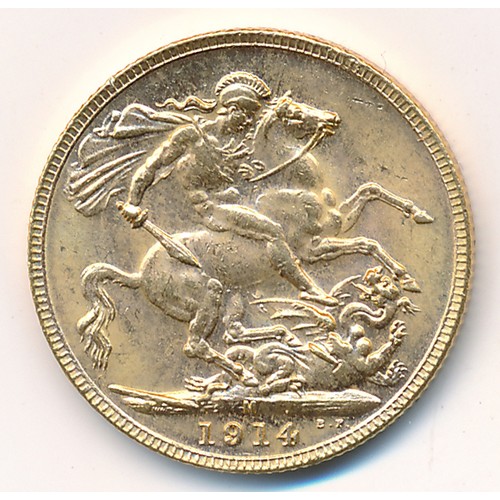 213 - George V 1914M full gold sovereign fine.