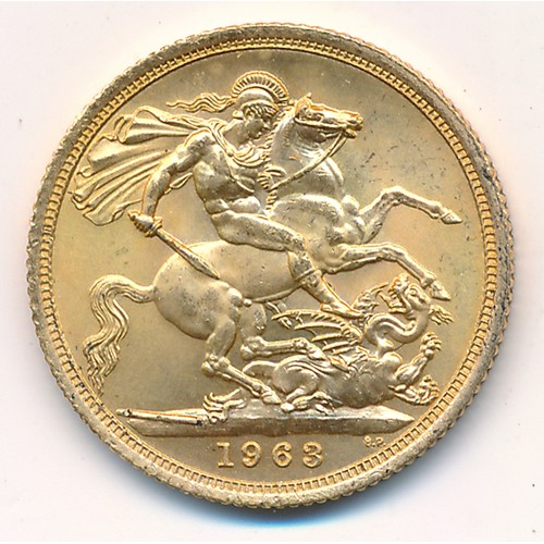 214 - Elizabeth II 1963 full gold sovereign, about uncirculated.