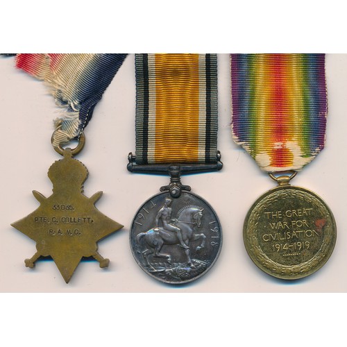 19 - First World War - 1914-15 Star trio to 33035 Pte C. Collett R.A.M.C. good very fine or better.