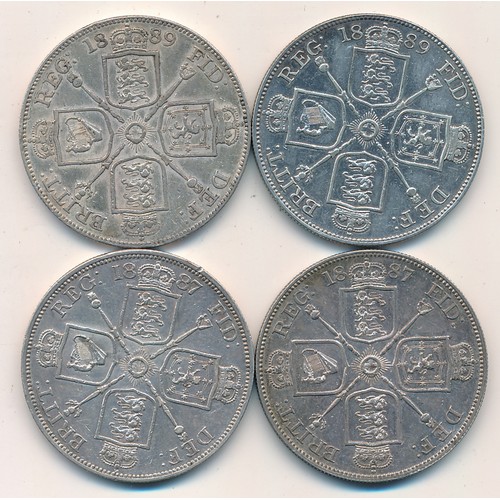 220 - Range of four double florins dated 1887 (2) and 1889 (2). One of the 1889 coins has been previously ... 