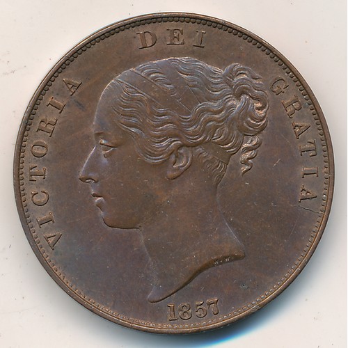 217 - Victoria 1857 Penny, Close Colon with Full Luster (GVF).