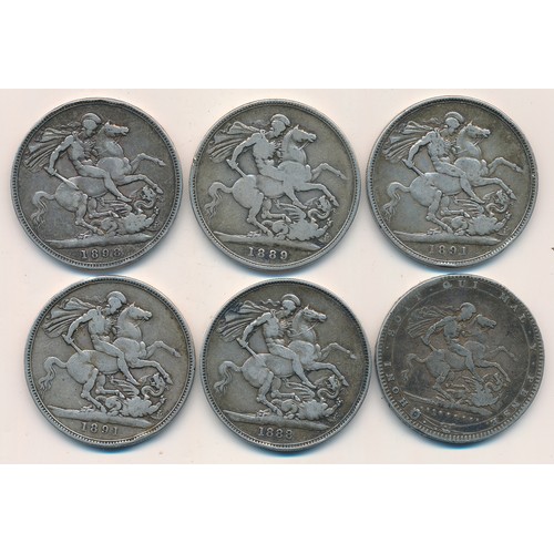 227 - Range of silver crowns (6) in mixed condition with 1820, 1888, 1889, 1891 (2) and 1898.