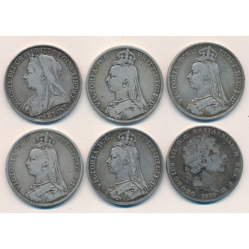 227 - Range of silver crowns (6) in mixed condition with 1820, 1888, 1889, 1891 (2) and 1898.