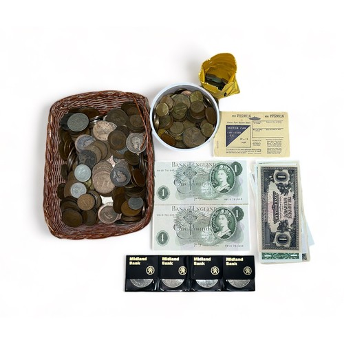 225 - Mixed pre-decimal coins, mainly pennies, some half crowns etc, World banknotes (11), Motor Fuel Rati... 