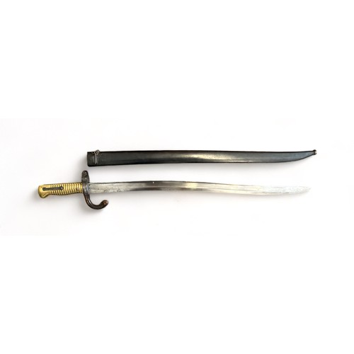 53 - French 1866 pattern chassepot bayonet and scabbard, blade 57cm. Spine of blade marked for 1868. Numb... 