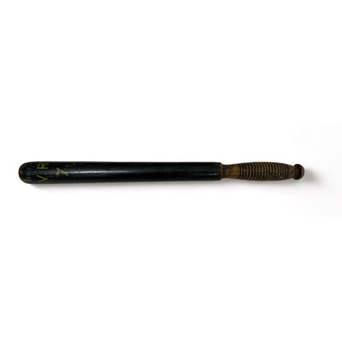 71 - Victorian hand painted ebonised wooden police truncheon, painted with V. R lettering above the numbe... 