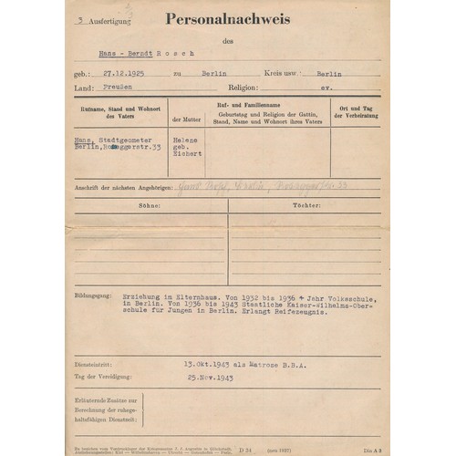 43 - Interesting Second World War selection of documents from Hamburg, relating to a sailor going absent ... 