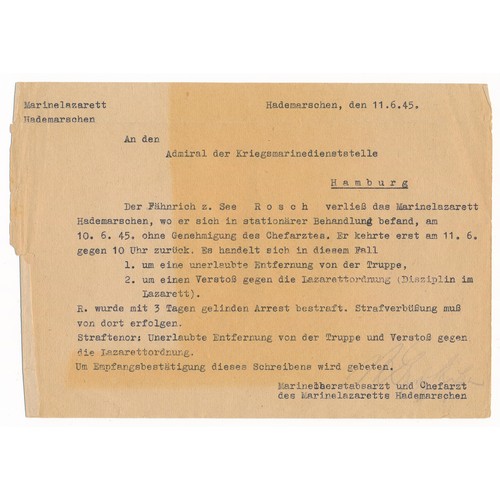 43 - Interesting Second World War selection of documents from Hamburg, relating to a sailor going absent ... 