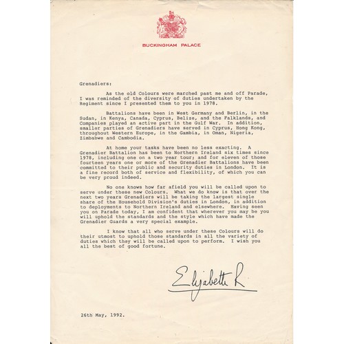 115 - Letter from Buckingham Palace to the Grenadiers, dated 26th May 1992 denoting Queen Elizabeth II pri... 