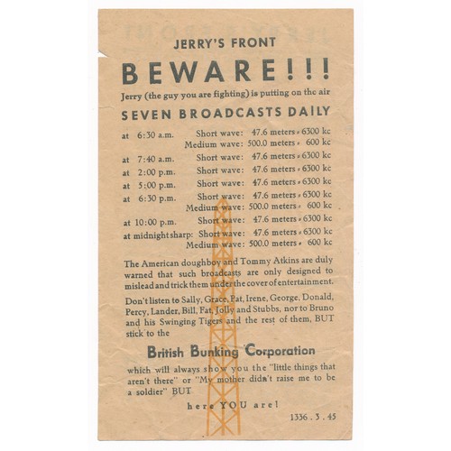 152 - Jerry's Front Beware ! ! ! - Small-scale Second World War German airborne Propaganda leaflet, text b... 