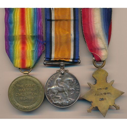 7 - First World War – 1914 Star Trio awarded to M1-6137 PTE A. HOBBS. A.S.C. Archibald Hobbs. With ribbo... 