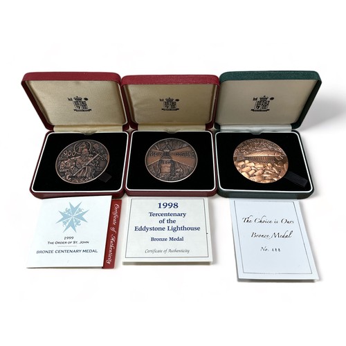 191 - Range of 3 boxed bronze commemorative medals with 