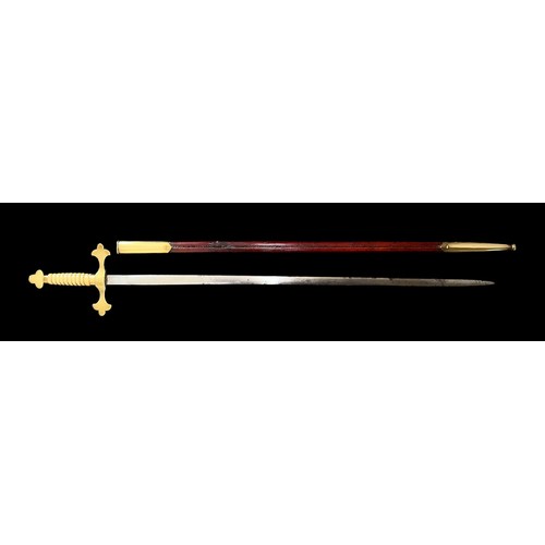 55A - Masonic Ceremonial Sword with leather and brass mounted scabbard, brass fittings to handle with crea... 