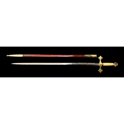 55A - Masonic Ceremonial Sword with leather and brass mounted scabbard, brass fittings to handle with crea... 