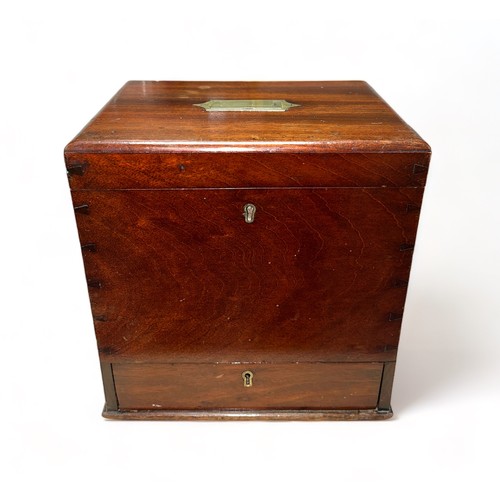 83A - Mahogany box having hinge opening lid and lower draw, without keys. Purportedly former campaign medi... 