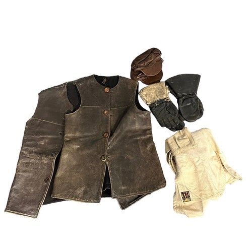 75A - Military Leather Jerkins. Two leather jerkins with buttons. Also a pair of leather mittens, a pair o... 