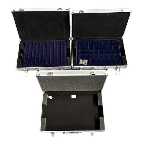 263A - Metal coin cases (3) each with carrying handle, selection of fitted trays for coins of various sizes... 