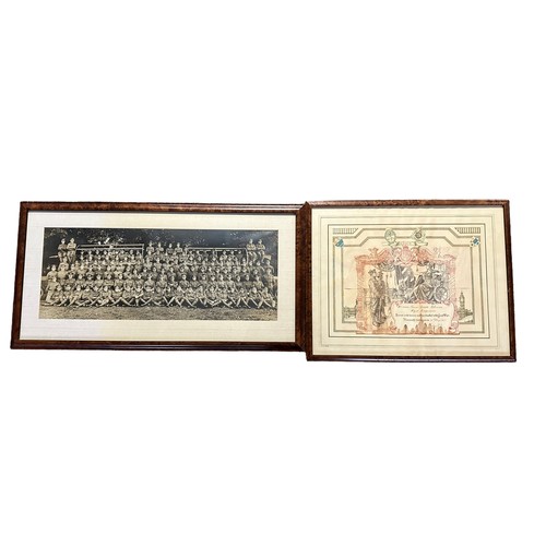 115A - Framed WW1 British Honourable Discharge Certificate With Battalion Group Photo. Discharge certificat... 