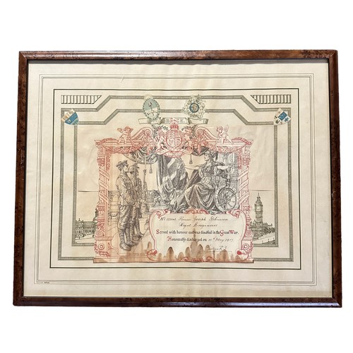 115A - Framed WW1 British Honourable Discharge Certificate With Battalion Group Photo. Discharge certificat... 