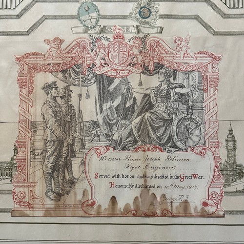 115A - Framed WW1 British Honourable Discharge Certificate With Battalion Group Photo. Discharge certificat... 